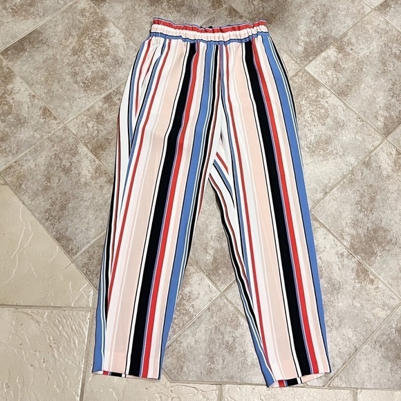 NEW Express High Rise Vertical Stripe Paper bag Waist Ankle Pants Pull On XS - Picture 2 of 11